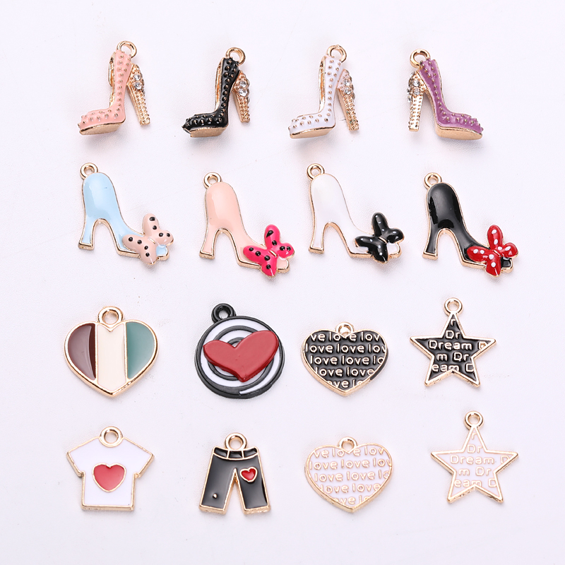 

10pcs Gold Colors Enamel Cubic High Heel Shoes Five-pointed heart star Charm DIY Metal Bracelet Necklace Jewelry Findings YZ703