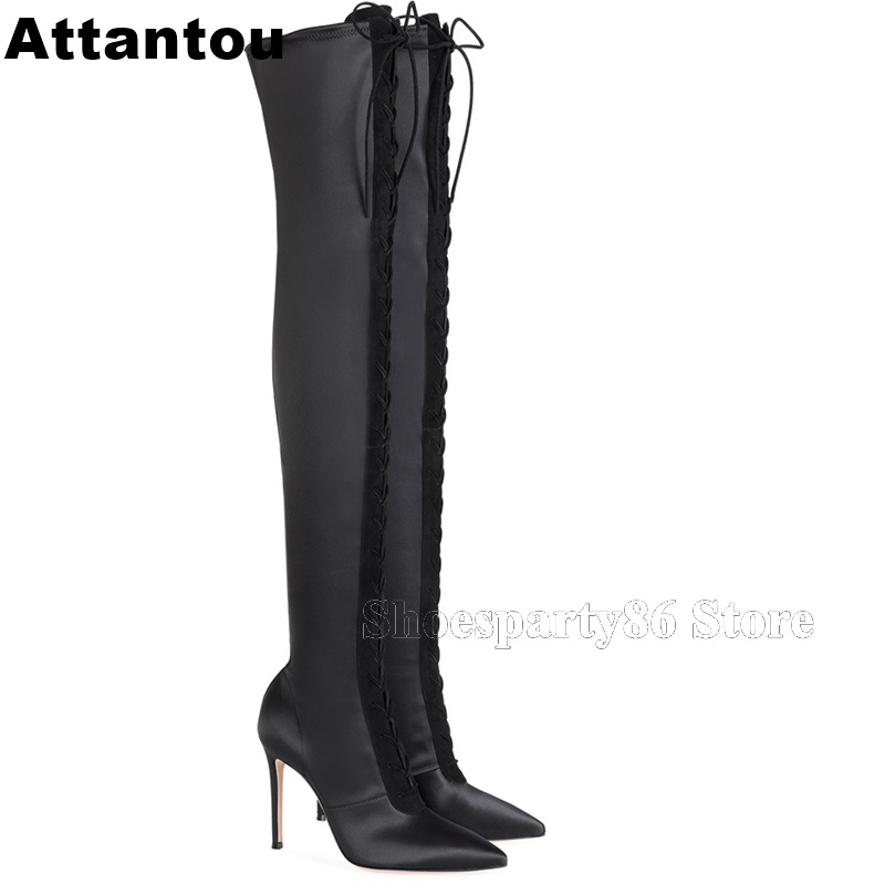 

Fashion Black Satin Leather Pointed Toe Thin High Heel Women Boots Winter Over The Knee Boots Plus size 43, As showed color