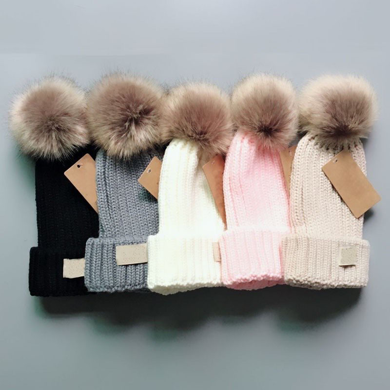 

New Fashion Girls And Boys Woolly Hat With Removable Faux Fur Pompom Decorated Pure Colors Kids Size Warm Beanie Wholesale, Multi