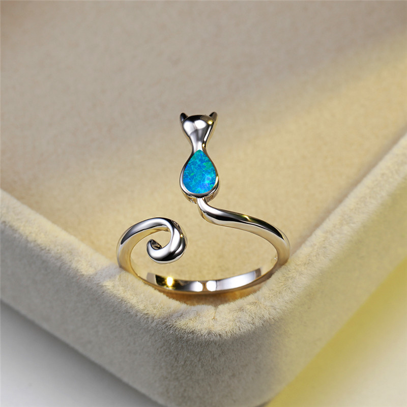 

Dainty Female Blue Opal Stone Ring Classic Silver Color Wedding Ring Cute Cat Adjustable Engagement Rings For Women