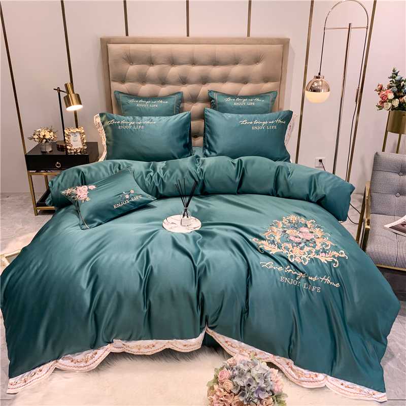 

New 60S American Style Flower Embroidery Washed Silk Soft Bedding Set Duvet Cover Bed Linen Fitted Sheet Pillowcases for Summer
