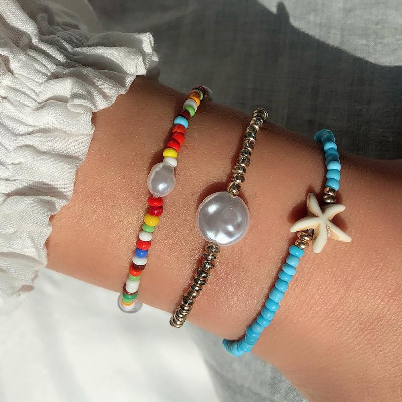 

Handmade Ethnic Boho Bracelet Colorful Beaded Starfish Pearl Three Combined Anklets