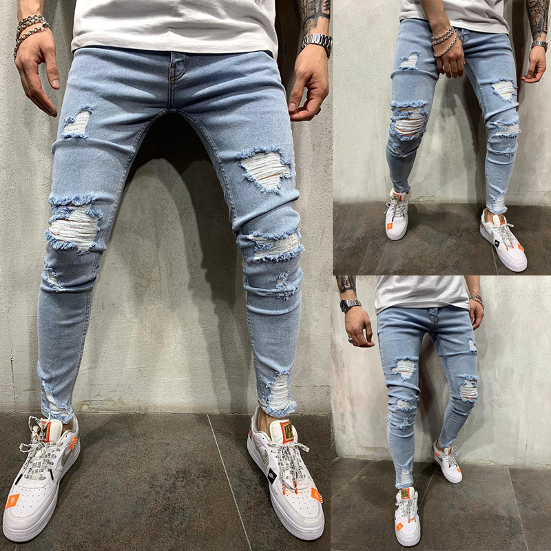 

European and American high street men' slim feet scratched jeans pants fashionable youth jeans with holes large, See chart
