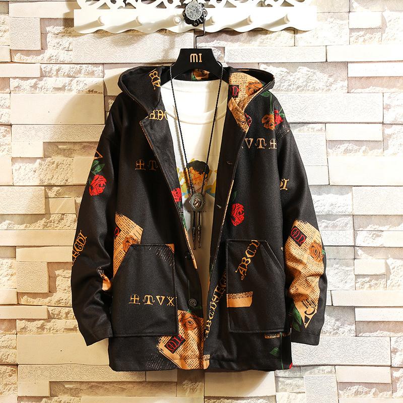 

JANPAN Style Pocket Patchwork 2020 Spring Autumn Floral Black Jacket Men'S Streetwear Bomber Clothes OverSized M-5XL, Jk199 2