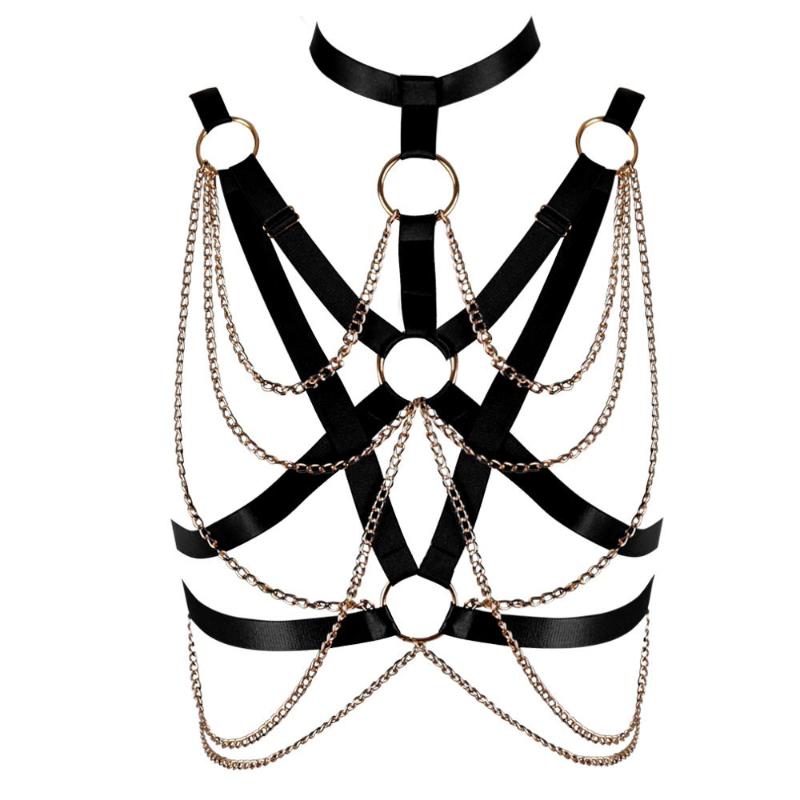 

Gothic Black Harness Bra Chain Ring Top Neck Cage Breast Strappy Tassel Elastic Plus Size Sexy Underwear Night Clubs Suspender, Mlco0066yellow