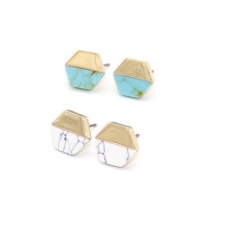 

Hexagon White Green Marble Natural Stone Stud Earrings Gold Color Brincos Pendientes Jewelry for Women