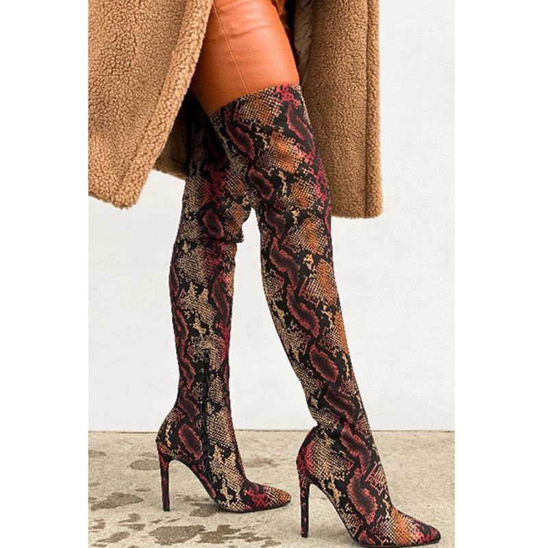 

DORATASIA Sexy Girl Pointed Toe Snake Print High Heels Over The Knee Boots Party Knee High Boots Women Heels Shoes Woman, Green
