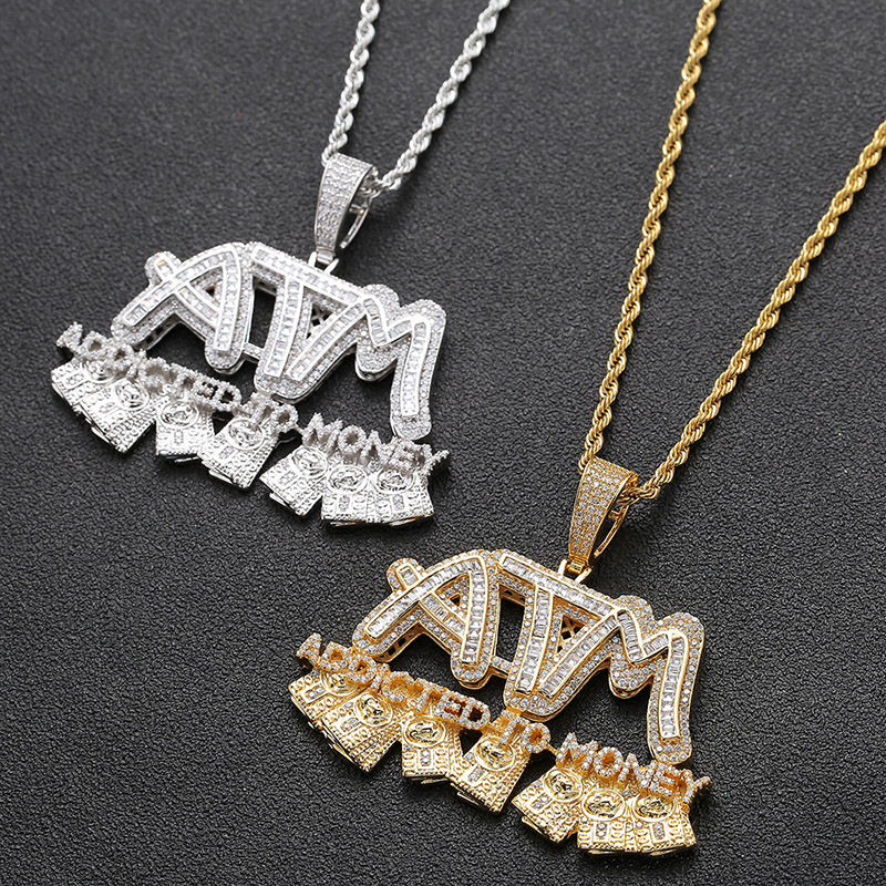

Hip Hop Micro Pave Cubic Zirconia Bling Iced Out Addicted To Money ATM Pendants Necklace for Men Rapper Jewelry Gold Color
