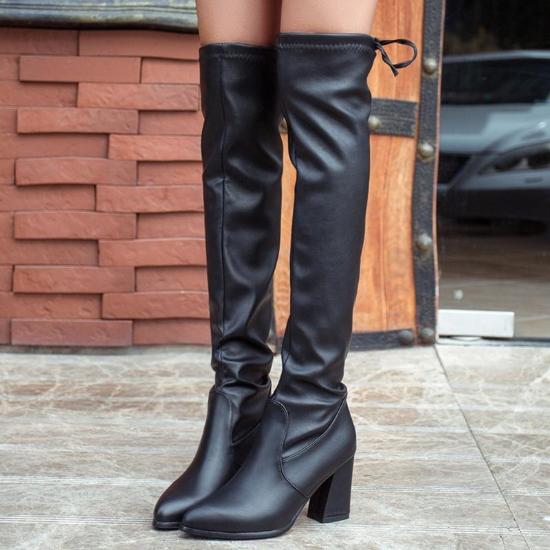 

Knee Over Back leather boot Women Winter Knot Pointed Toe Flock Upper High Heels Boots European Ladies Stretch Knitting shoes, Black a-flock