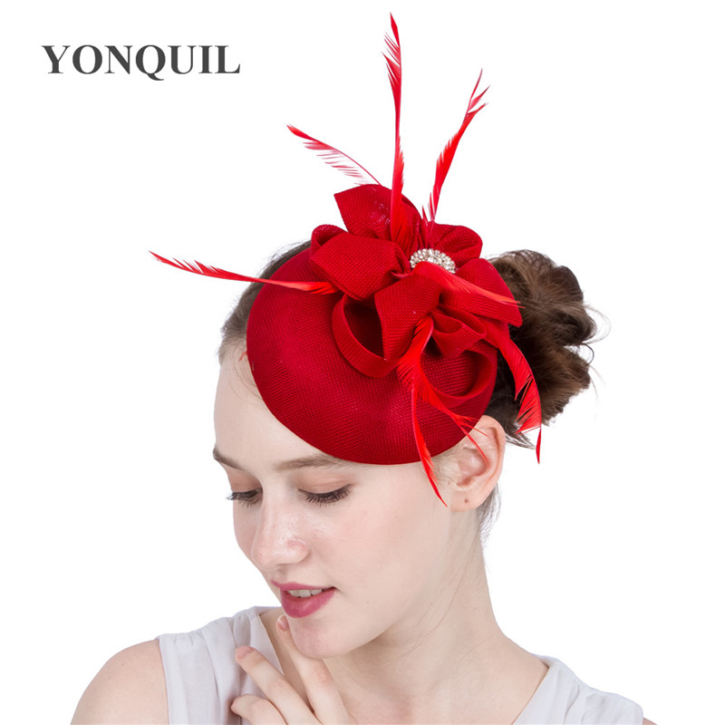 

New High quality imitation sinamay red fascinators hat 16 colors select fancy feather church party headpiece with hair clips SYF119