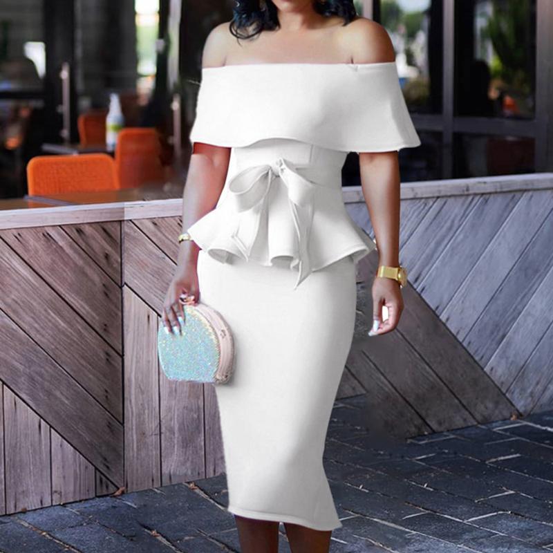 

Women Cocktail Dresses 2 Pieces Chic Falbala White Pink Sexy Off Shoulder Split Short Sleeves Ladies Solid Party Dress