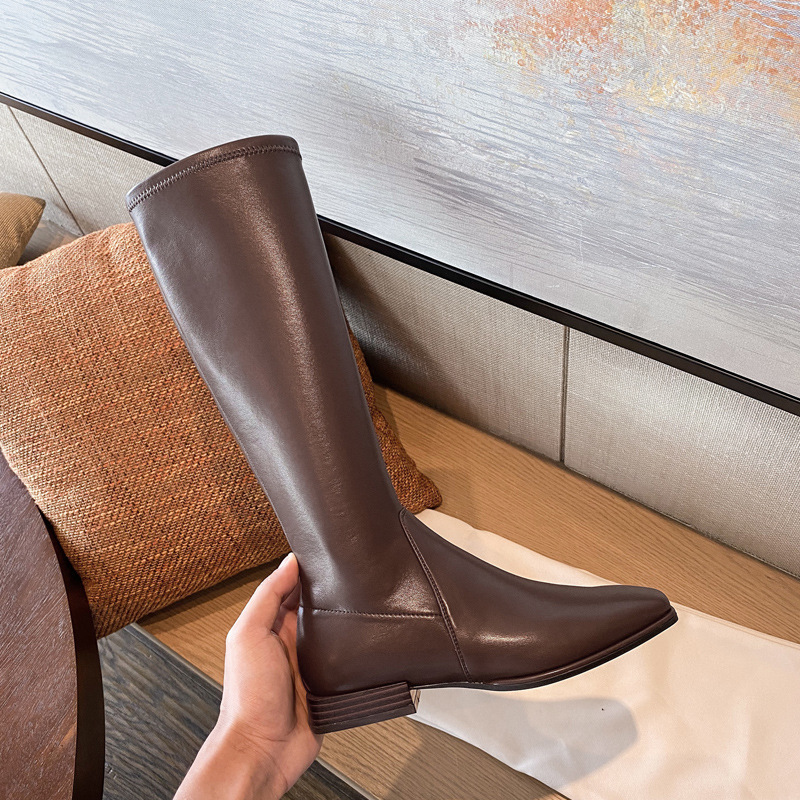 

2020 elastic knight female tall canister boots flat square head low to the fashion show thin brown but knee long boots, See chart