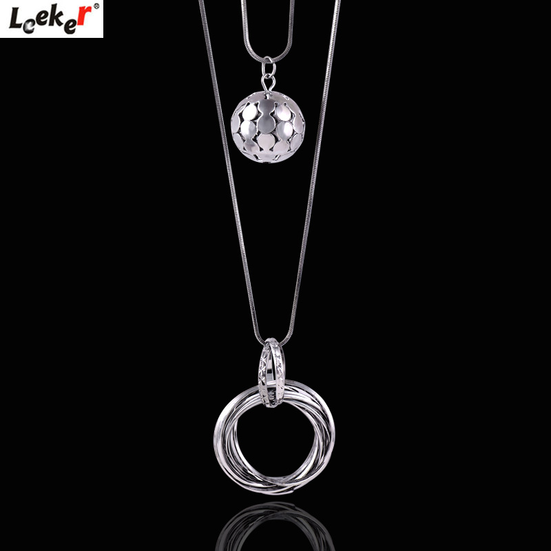 

LEEKER Simply Hollow Metal Ball Pendant Long Necklace 2 Layers Chain Women Statement Jewelry 457 LK4