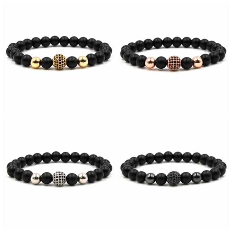 

Natural Stone 4 Color Bead 8mm Men Bracelets Classic CZ Beaded Ball Bracelet Charm Good Luck Matte Black Bangles Jewelry D5P914