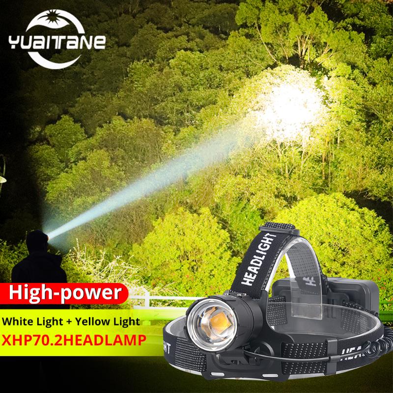 

XHP70.2 Led Headlamp XHP70 Most Powerful Yellow or White Led Headlight Fishing Camping ZOOM Torch Use 3*18650 batteries