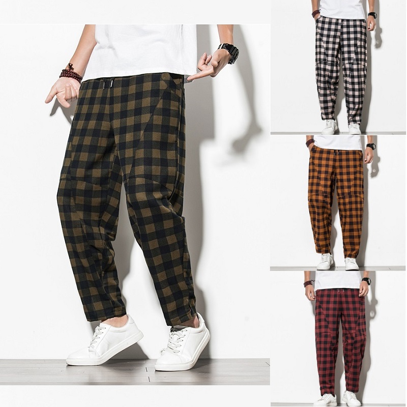

2020 new large-size plaid casual trousers cotton and bloomers Spring autumn loose Chinese fashion High Quality pants men, Hong se