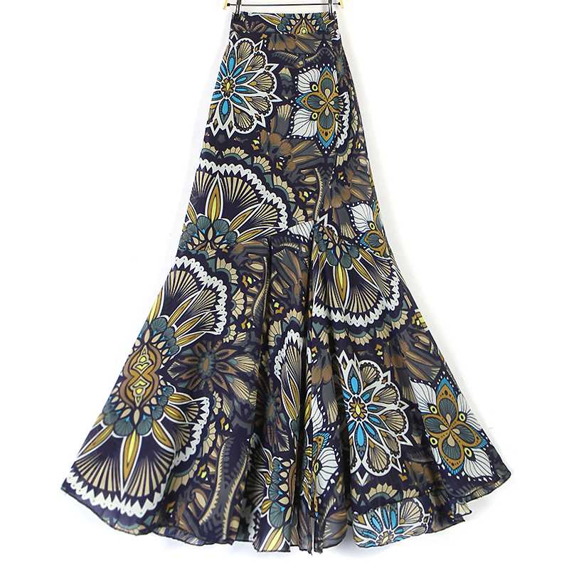 

Bohemian Navy Blue Ruffle Floral Skirts Women Elastic Waist Ladies Sheer Straight Shirred Back Long Skirt Summer, Orange boho skirt