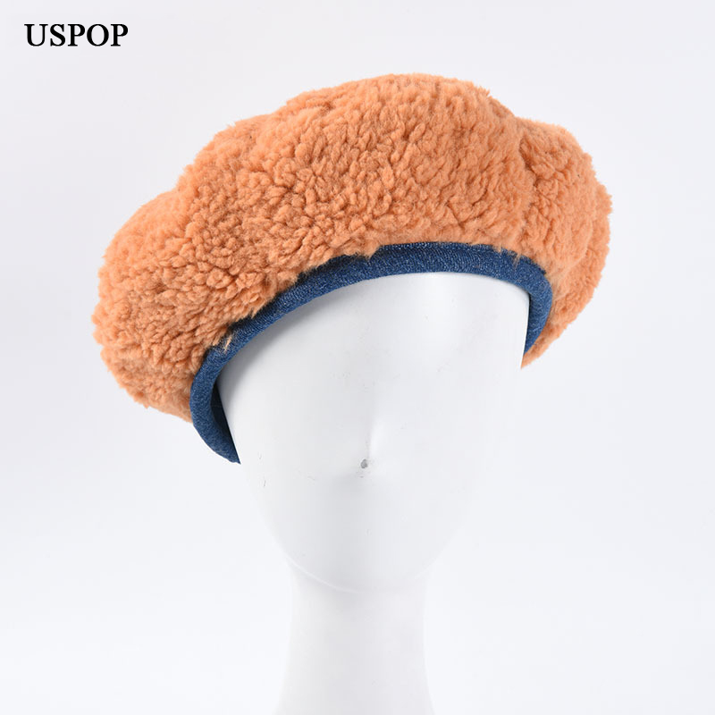 

USPOP Women hats fashion lamb hair denim edges berets female thick warm hats solid color painter cap, Army green