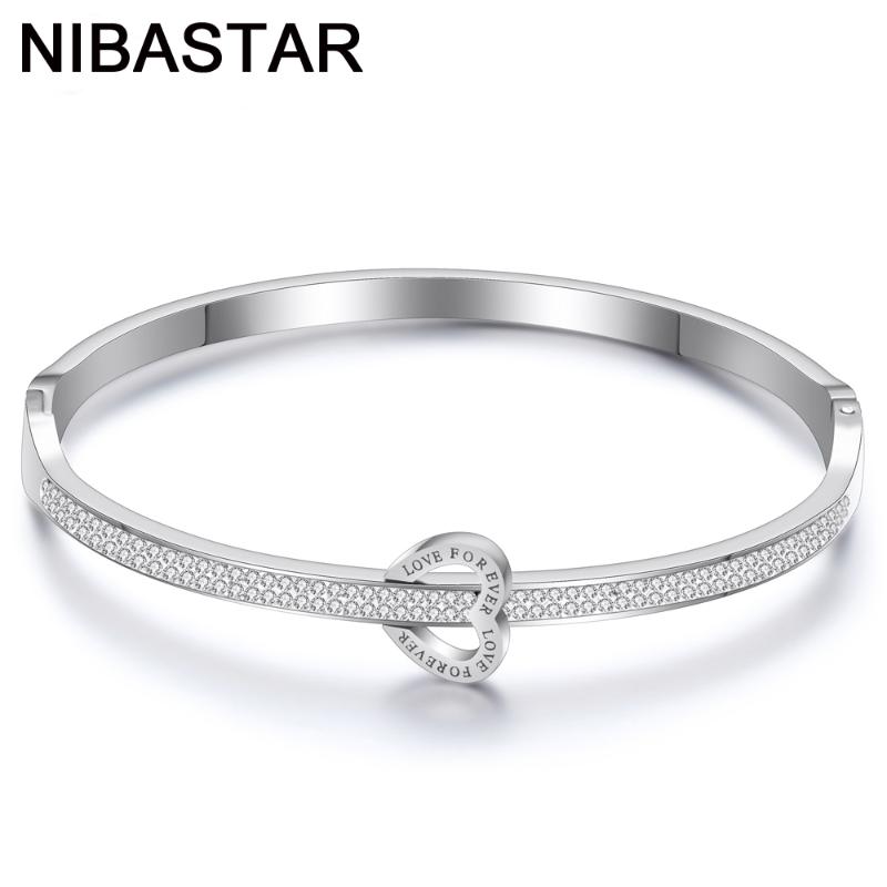 

Luxury Crystals Stainless Steel Bracelets Heart Shaped Forever Love Bangles Double Crystals With Female Brand Bracelet for Women