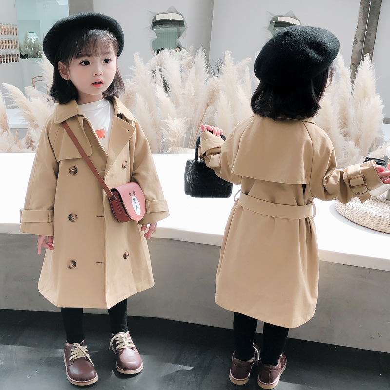 

2020 girls' windbreaker middle and small children's autumn new double-breasted casual jacket mid-length children's coat children, Khaki