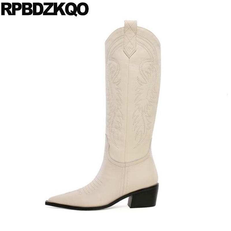 

11 2020 big size shoes pointed toe white chunky women western boots cowboy fur 10 mid calf luxury block cowgirl genuine leather, Black