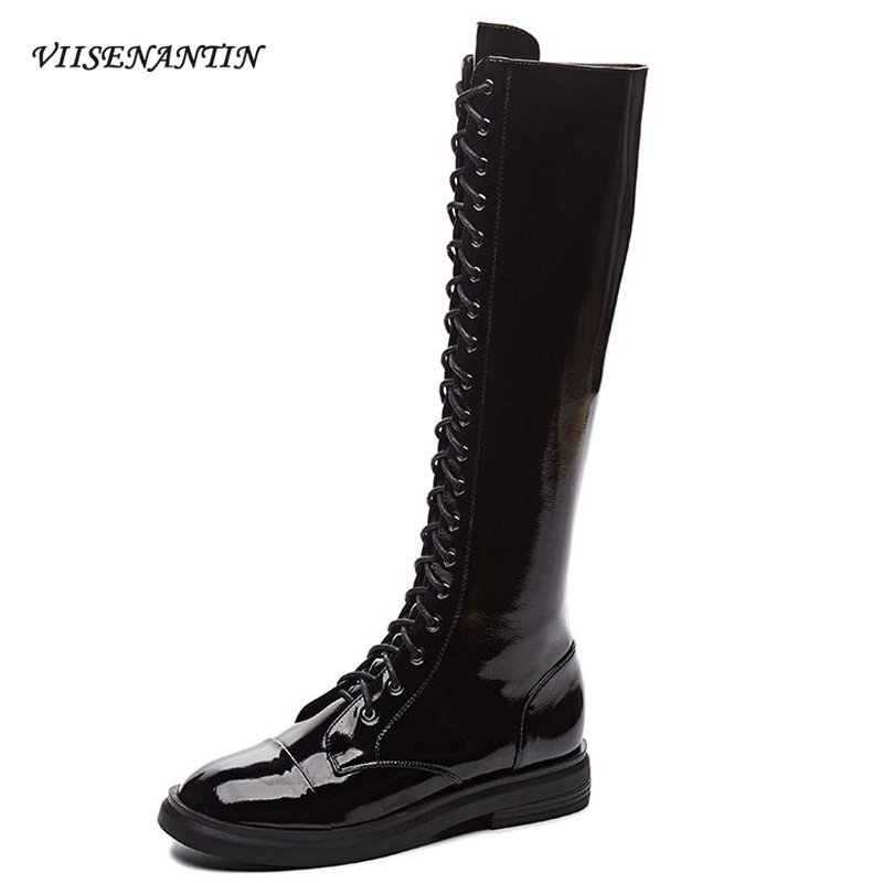 

Flat Strap Blue Bright Patent Leather Round Toe Chunky Sole High-top Knight Boots European and American Handsome Shoes for Women, Microfiber lining