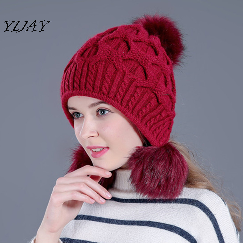 

Winter double-deck bonnet beanies three hair ball ear protection warm fur knitted hat for women plus velvet cap, Black