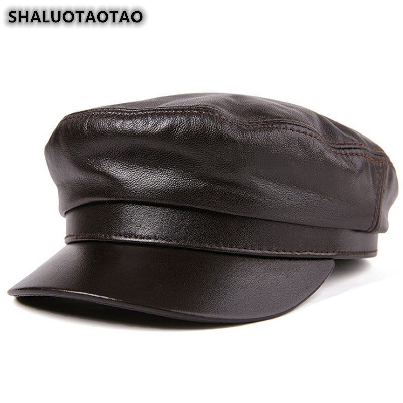 

SHALUOTAOTAO Genuine Leather Hat For Men Women Autumn Winter Quality Sheepskin Leather Hats Brands Snapback Flat Cap, Black