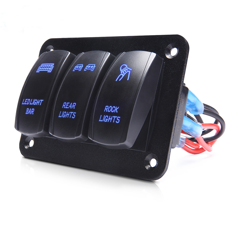 

3 Gang Led Light Bar Rocker Switch Panel 5 Pin ON-Off Toggle Rear Light Switch Control Panel 12V 24V w/ Blue LED car