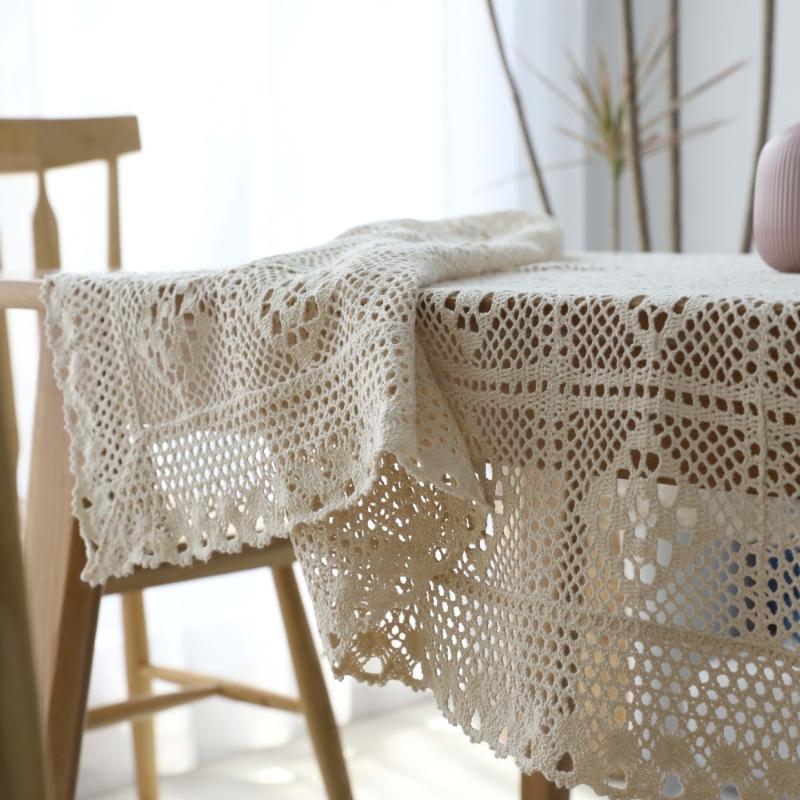 

Pastoral handmade crochet Table Cloth Cotton woven openwork Lace Tablecloth Dining Table Cover For Kitchen Home Decor, Beige