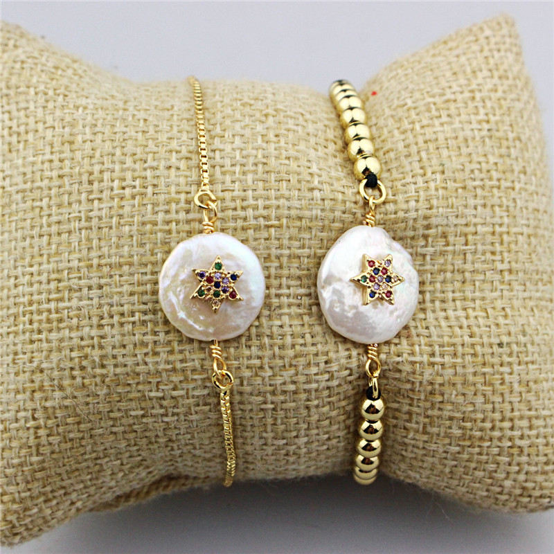 

adjustable 5pcs/lot Stylish and beautiful freshwater pearl connector bracelet, pentagon shape bracelet,cz pearl pendant