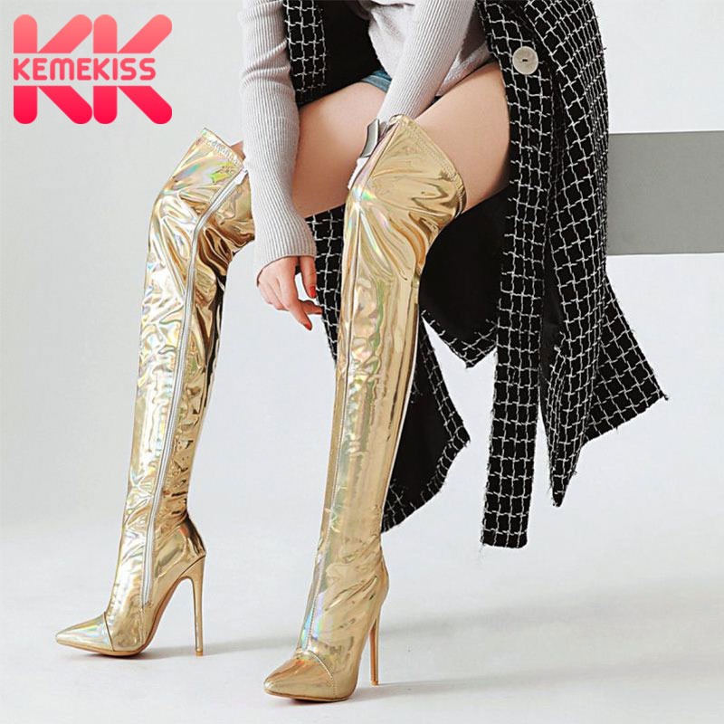 

KemeKiss Plus Size 30-48 Women Thigh High Boots Winter Plush Warm Shoes Woman Pointed Toe Sexy Thin High Heels Add Fur Boots, Gold velvet