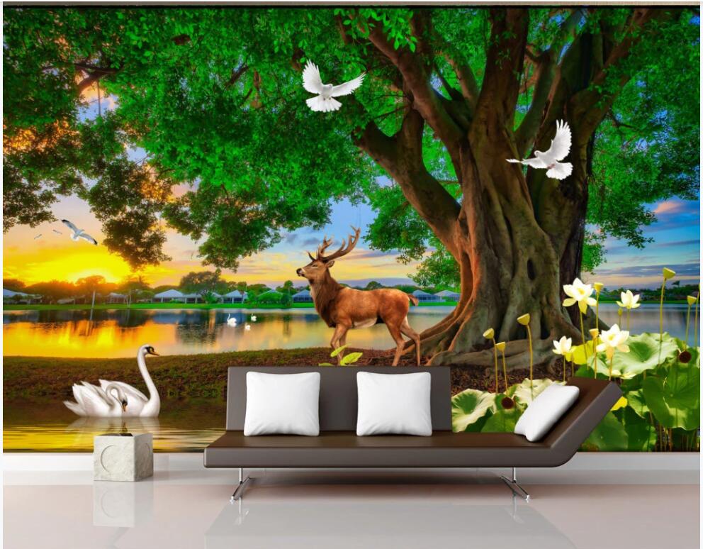 

custom photo mural 3d wallpaper Green big tree elk swan lake scenery living room home decor 3d wall muals wall paper for walls 3 d, Non-woven