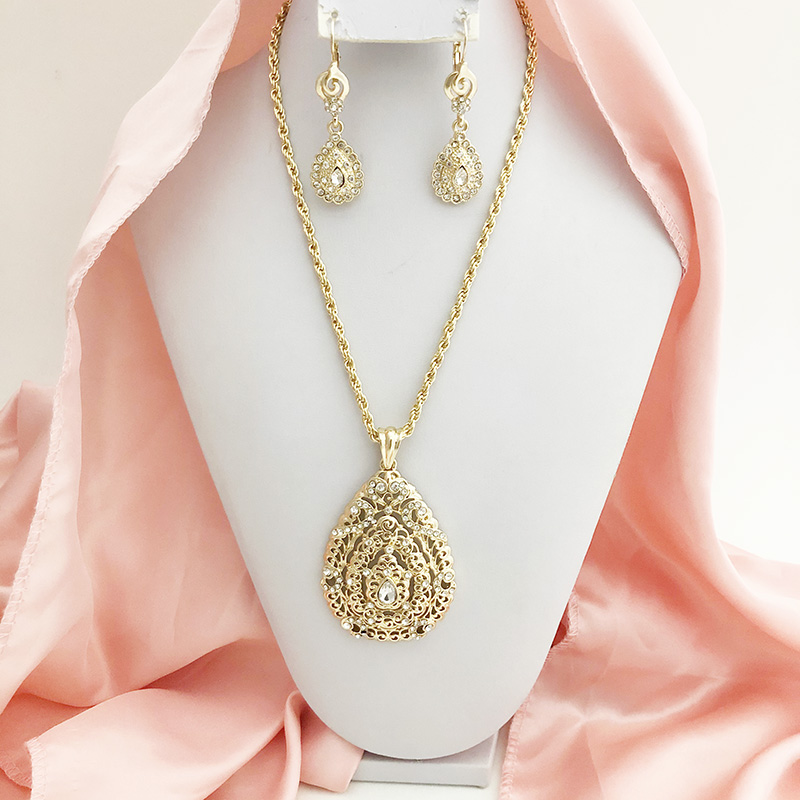 

Moroccan jewelry-set white water-drop crystal necklace earring beautiful golden wedding jewelry Algerian party caftan jewelry, As pic