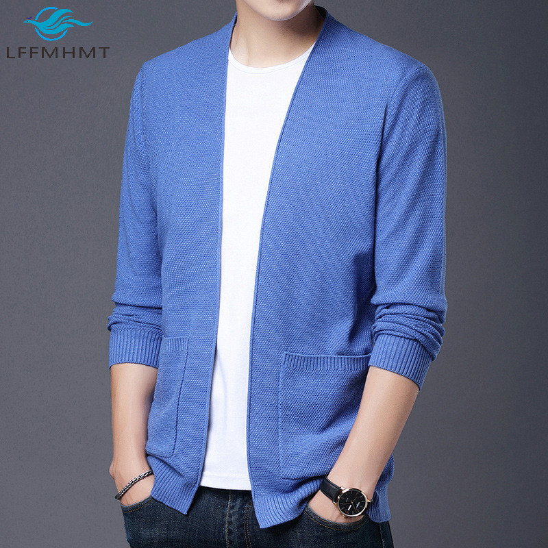 

Men Spring Autumn Knitted Thin Cardigan Coat Male Solid Color Casual Handsome Korean Style Slim Fit Open Stitch Sweater Knitwear, M8386 blue