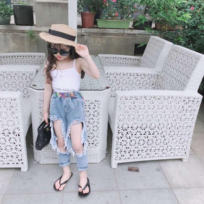 

Spring Summer girls jeans baby denim pants kids bottoms children trousers toddler streetwear 2 big ripped hole 3 to 12 yrs, Blue