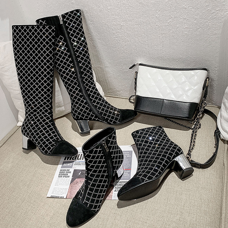 

women Boots middle heels 2020 New fashion Pointed Toe diamond Gingham Botas Mujer Side Zipper Patchwork High Heel Ankle Boots, As shown1