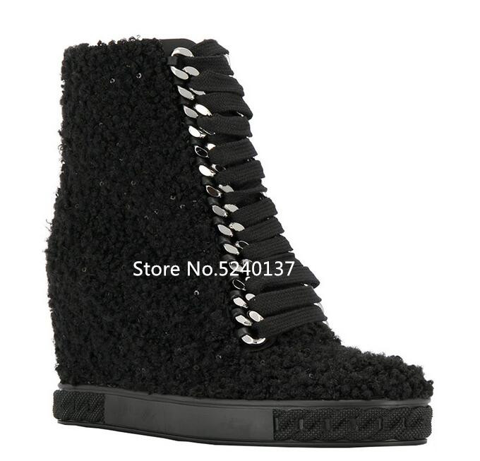 

Black Wool Women Mid-calf Boots 2020 New Autumn/Winter Height Increasing Inside Heel Cross-tied Boots Female, As pic