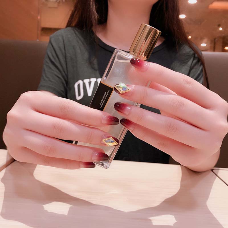 

24pcs Full Cover false nail Fashion Purple and Red Color gradient fake nails Shiny Diamond Rhinestone fake short nails with glue, As show