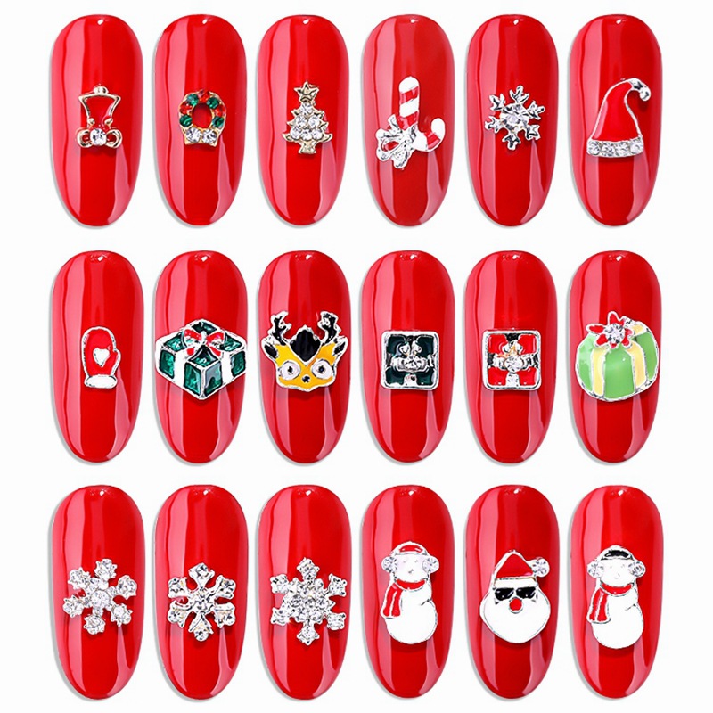 

LEAMX Christmas Series Nail Art Decorations Kit Hat Santa Bells Crutches Snowflake Alloy Charms DIY 3D Manicure Nail Drill L532