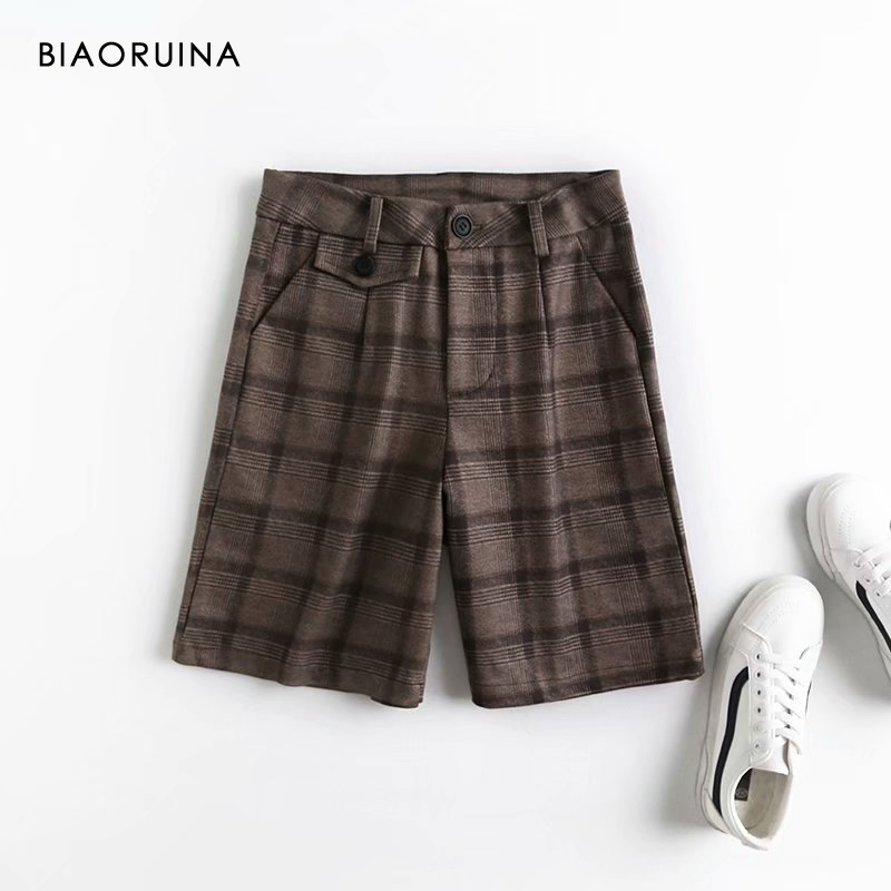 

BIAORUINA Women' Loose Plaid High Waist Slim Pocket Wide Leg Shorts Autumn Winter New Arrival All-match Casual Shorts, Brown