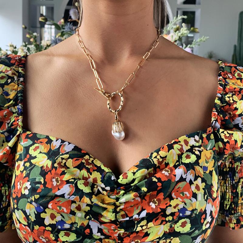

Gothic Baroque Simulated Pearl Pendant Necklace For Women Gold Color Choker Clavicle Chain Boho Long Lariat Necklaces Jewelry