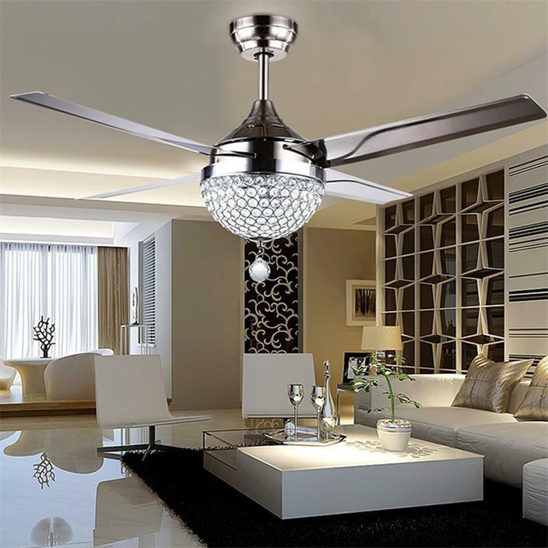 

44'' Crystal Ceiling Fan Light with LED Light Kits Remote Control 4 Stainless Steel Blades Modern Chandelier Pendant Lighting