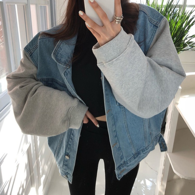 

EWQ] 2020 Spring New Turn-down Collar Long Sleeve Stitching Trendy Design Women Denim Jacket Korea Large Size Blue Coats QX070