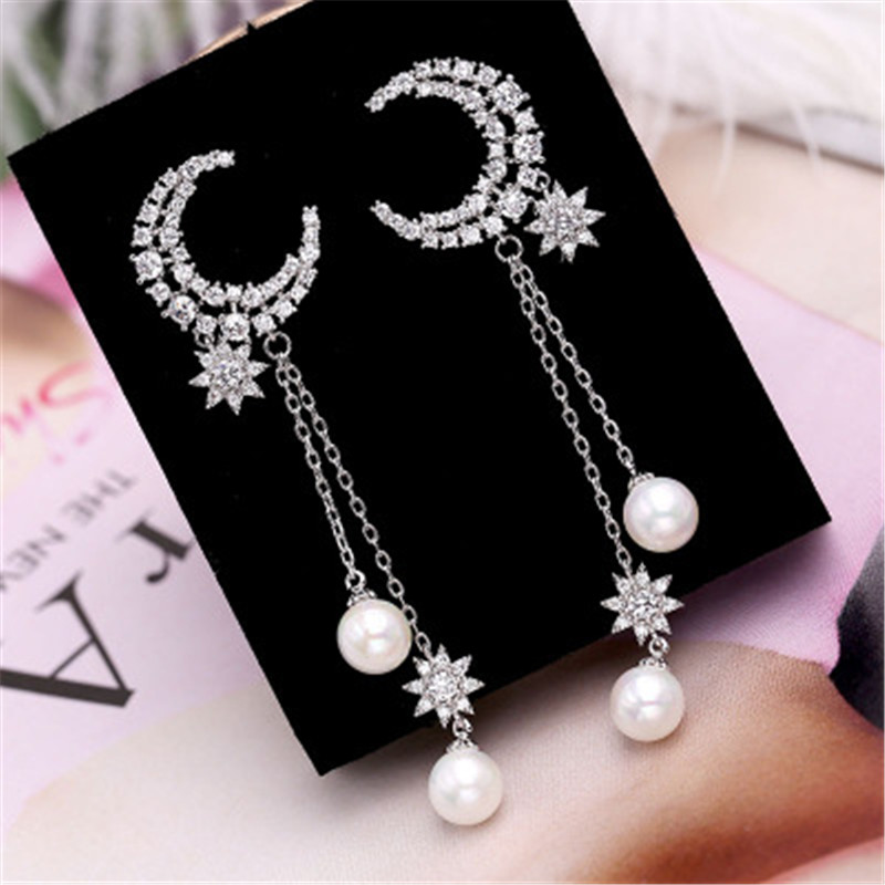 

Exquisite Zirconia Rhinestone Eight-point Star Pearl Long Tassel Drop Earrings For Women Girls Party Prom Earrings Jewelry