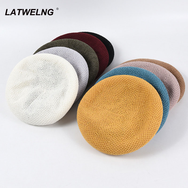 

wholesale autumn winter ladies knitting beret women solid black paris hat flat green cap B009, Yellow