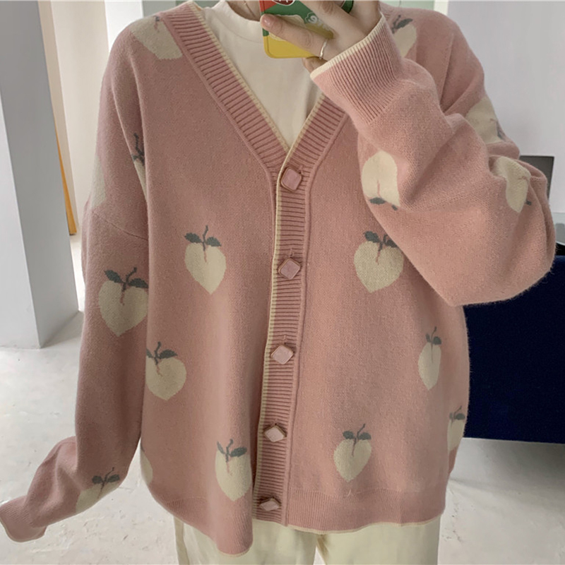 

Kawaii Peach pattern Cardigans Women Autumn Winter Korean Long Sleeve pink Sweater Female loose knitwear cardigan sueter mujer