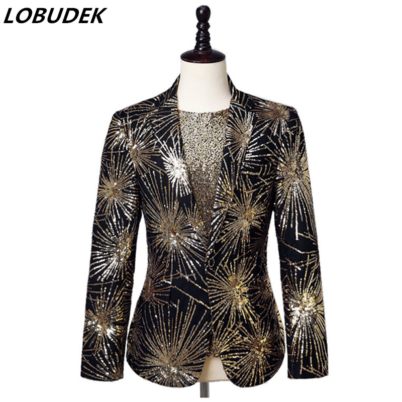 

Punk Style Men' Gold Sequins Embroidery Black Suit Jacket Fashion Popular Hip Hop Singer Host Slim Tuxedo Blazer Stage Costume, Gold black