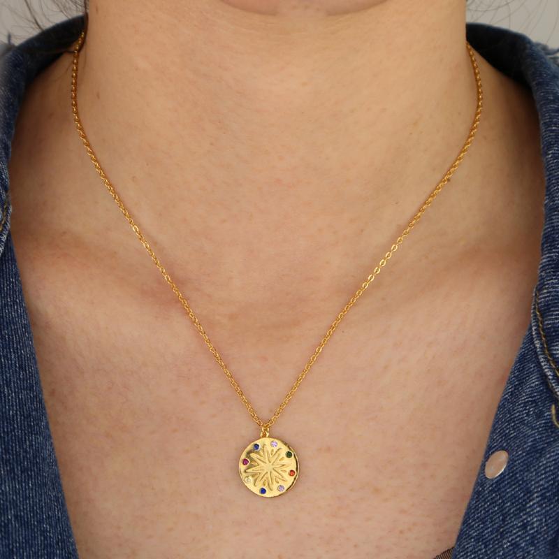 

Gold brass cz Round Pendant Necklace for Women Simple Female Long Chain Coin Necklace rainbow star Collier 2020 Wholesale