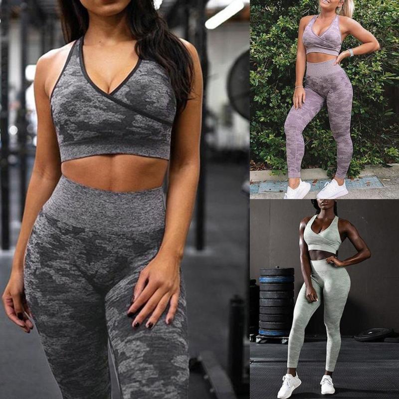 

Women Yoga Set Outdoor Running Bra&Pants Workout Fitness Camouflage Tights Sport Wear Open Back Yoga Pants Sports Vest Bra Set